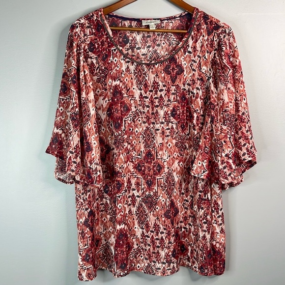 DRESS BARN Semi Sheer Printed Top Blouse Flutter Sleeve Red Pink Navy White 2X - Picture 11 of 11